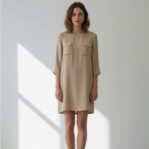 Tan long sleeve silk shift dress - 10 (Medium - Large)